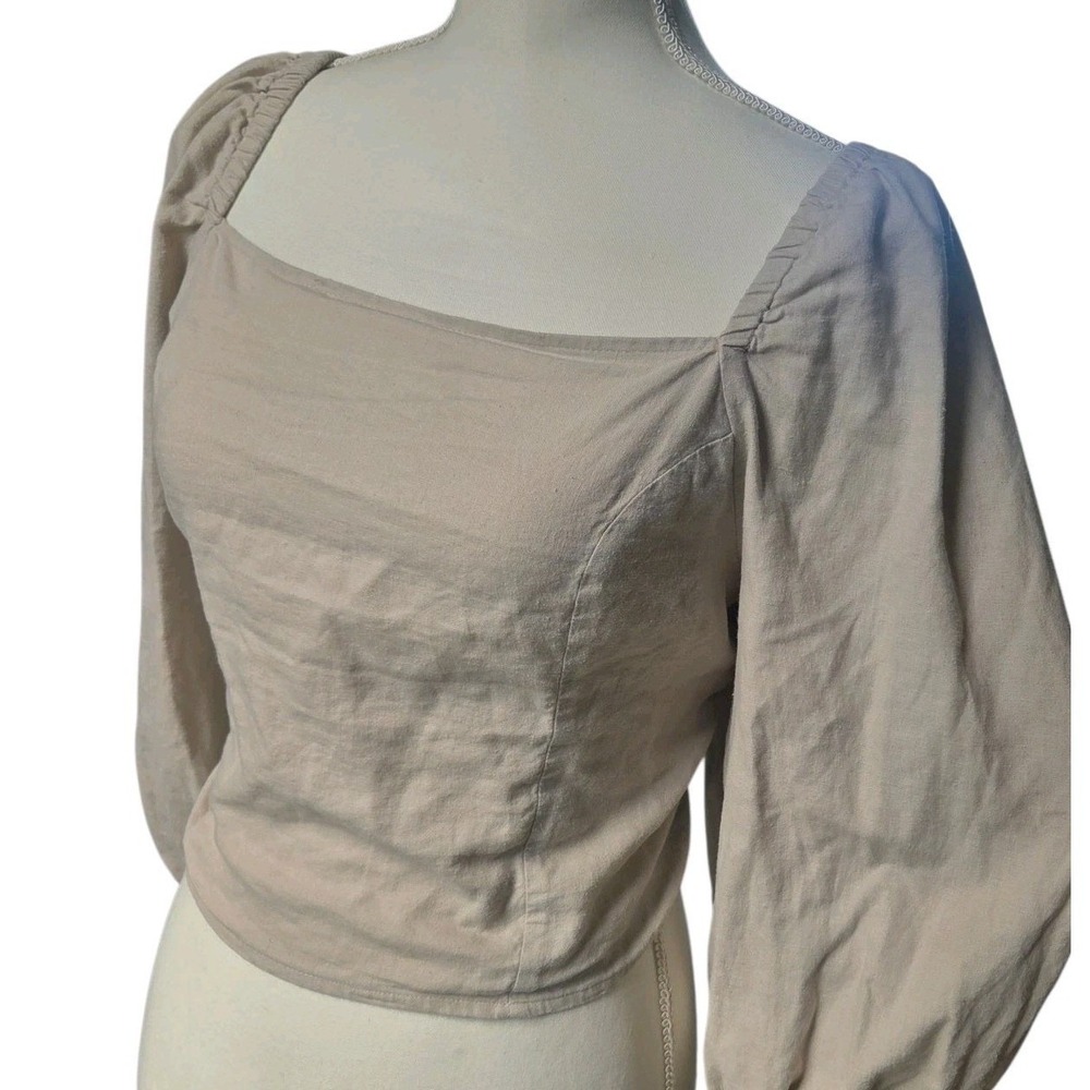 Express Linen Blend Puff Sleeve Tie Back Crop Top Beige Oatmeal L Cottagecore